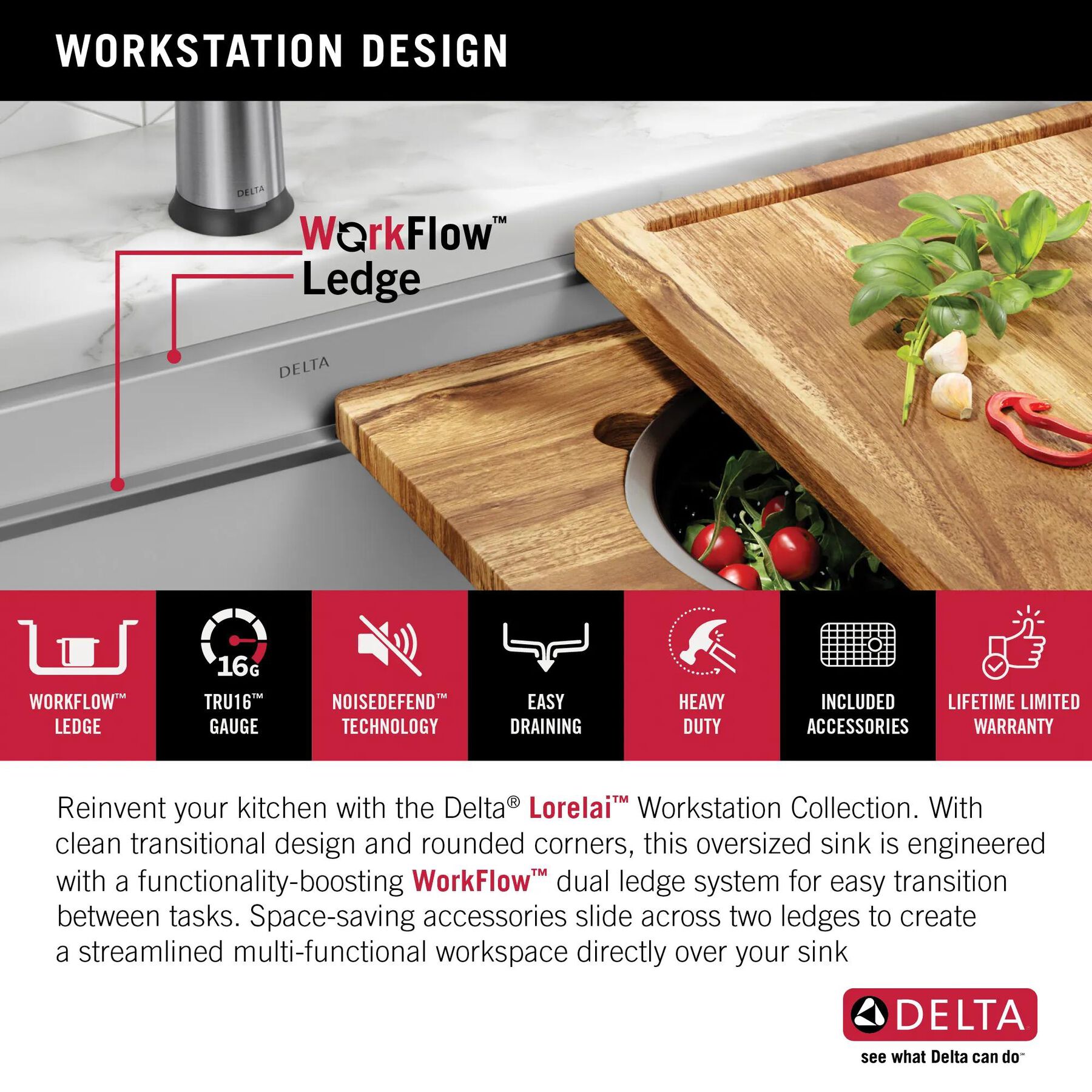 45&rdquo; Workstation Undermount Single Bowl 16 Gauge Stainless Steel Kitchen Sink with 2-Tier&nbsp;WorkFlow&trade; Ledge and Accessories